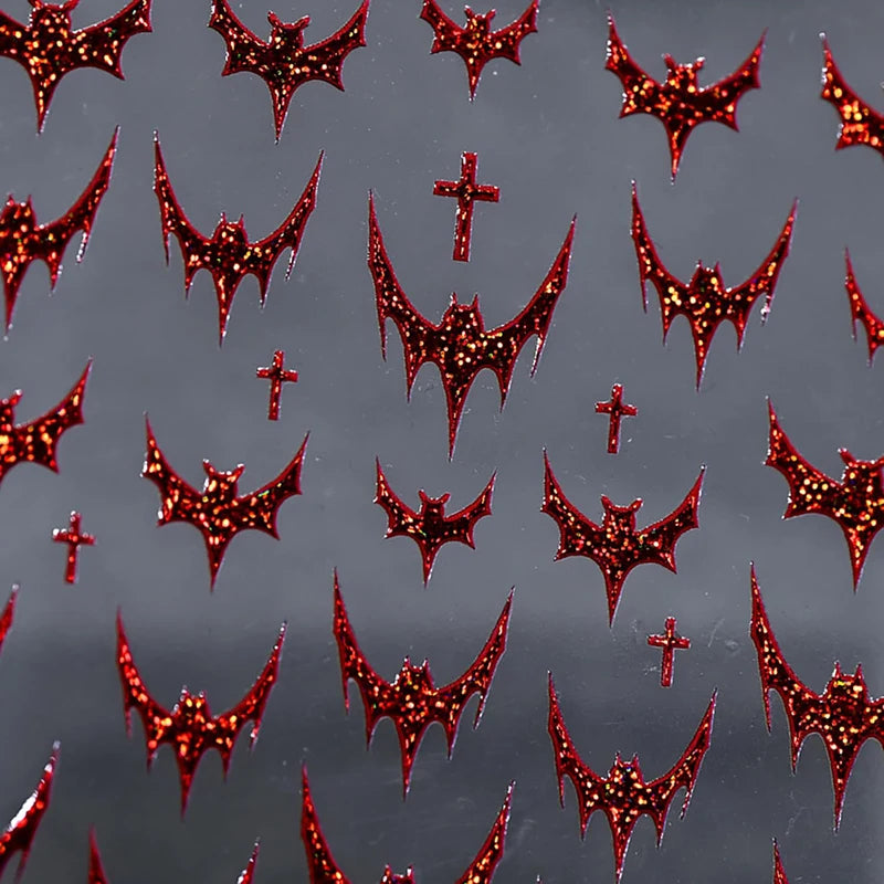 Halloween Red Bat Nail Art Stickers for French Design DIY Embossed Glitter Decals