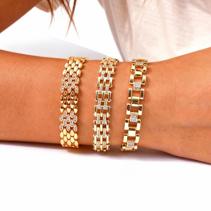 Luxury Cubic Zircon Watch Strap Bracelets for Women - Wide Link Chain Bangle