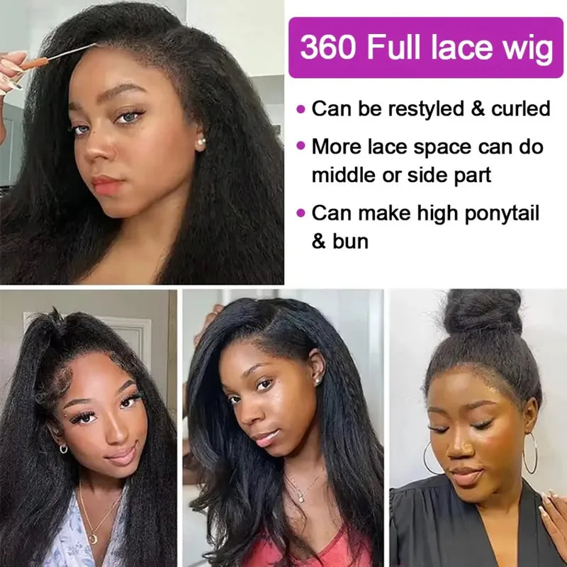 Kinky Straight Full Lace Wig with 360 HD Lace Frontal Human Hair - Black
