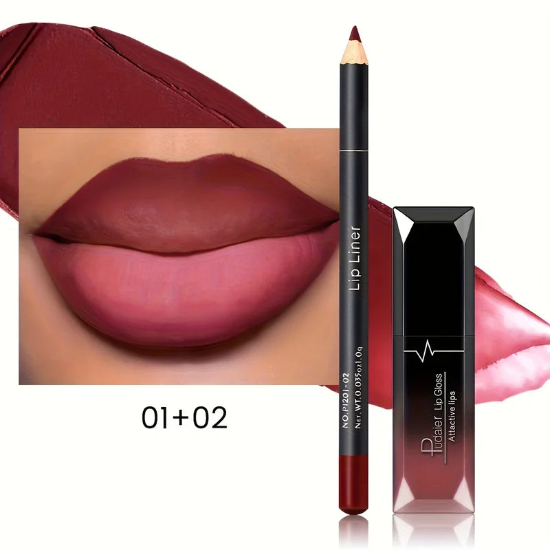 Matte Lip Gloss and Lip Liner Set - Waterproof, Long-Lasting Makeup Kit