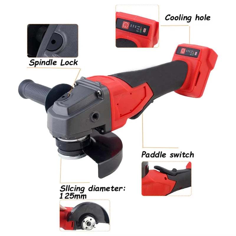 125mm Brushless Cordless Angle Grinder with 3 Gears Power Cutting Tool