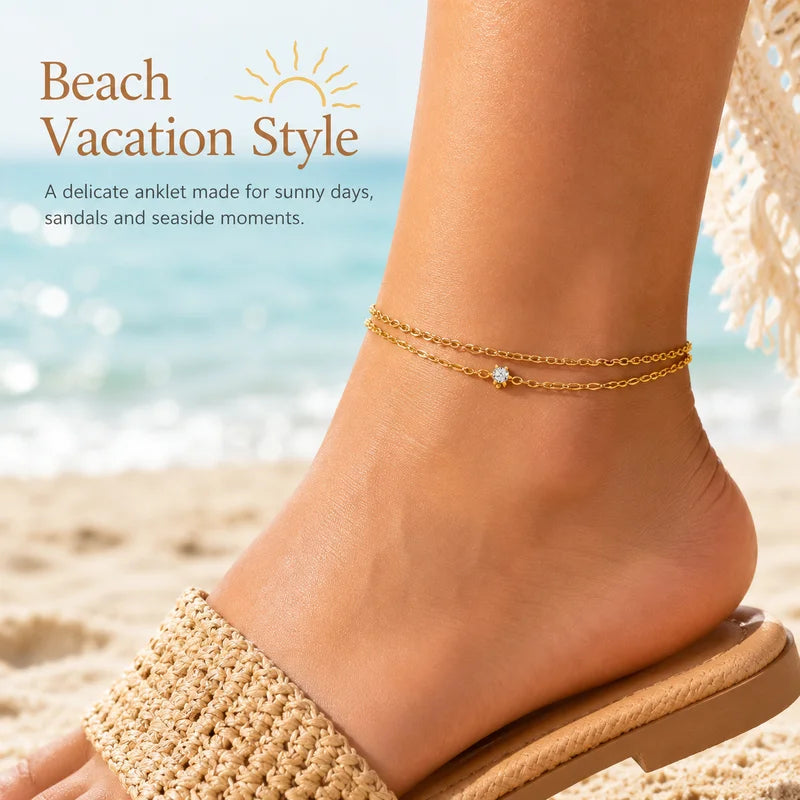Waterproof Layered Anklet Bracelet for Women, Adjustable Gold Plated Jewelry