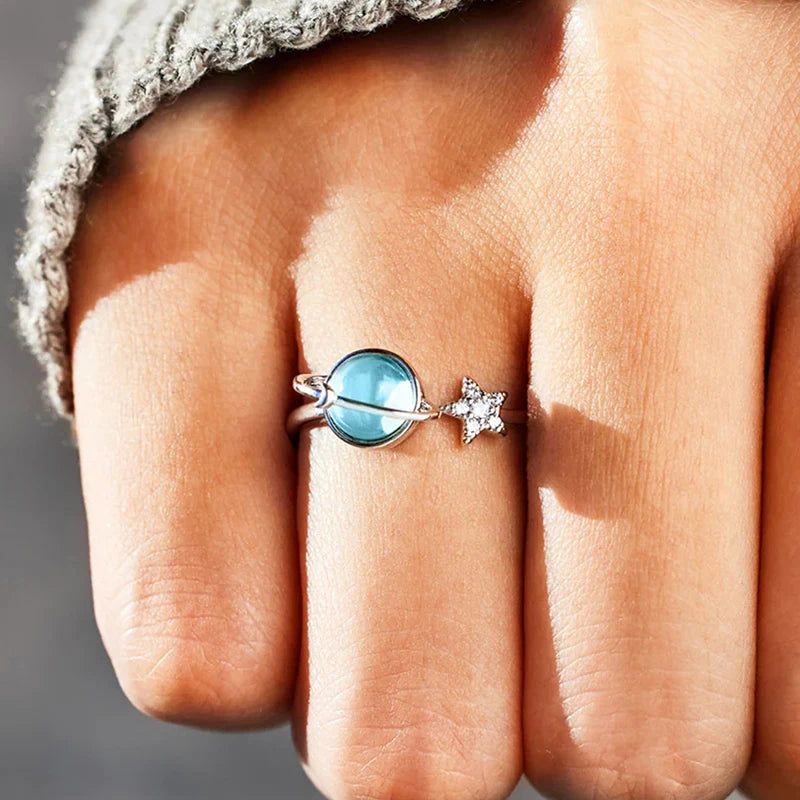 Blue Planet and Silver Star Ring for Women - Unique Open Design Jewelry Gift