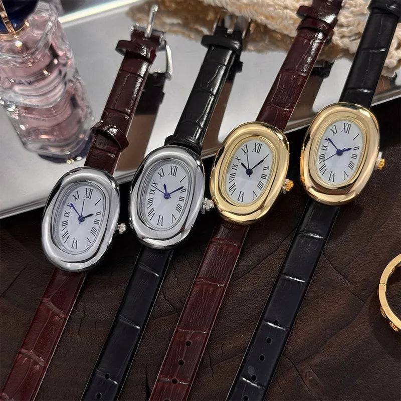 Oval Vintage-Style Ladies' Quartz Wristwatch with Leather Band