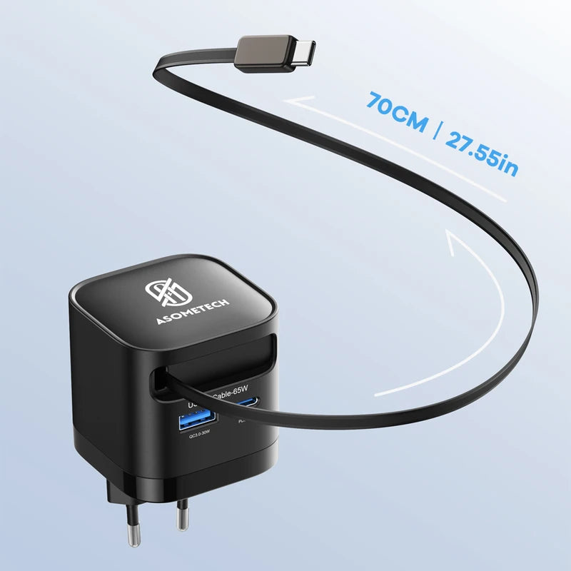 65W GaN USB C Charger Fast Wall Adapter with Retractable Cable for Phones & Laptops
