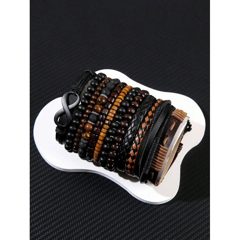 Vintage Woven Leather Bracelet Set for Men and Women - 8 Shape Tiger's Eye Braided Jewelry