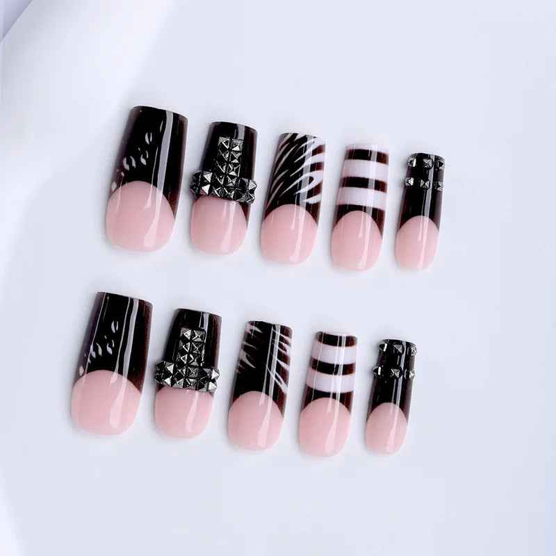 24PCS Gothic Punk Style Fake Nails with Black White Strip Coffin Shape Press-On Nails