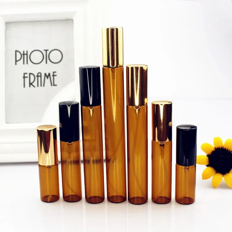 Mini Perfume Spray Bottles Set - Amber Glass Vials with Gold Silver Caps, 5ML-20ML, Portable Sample Bottles