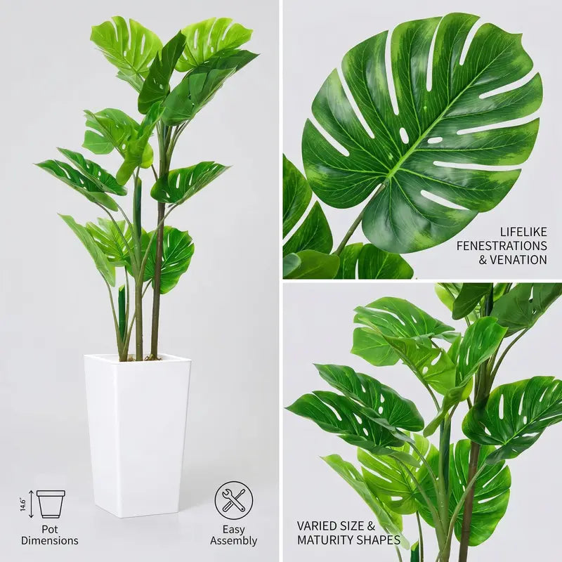 Artificial Monstera Tree with Tall White Planter - Indoor Faux Tropical Plant