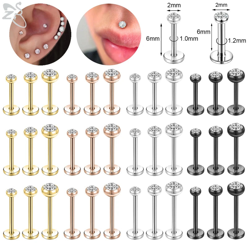 10 Pcs Stainless Steel Lip Piercing Set with CZ Crystals, 6/8/10MM - Men & Women