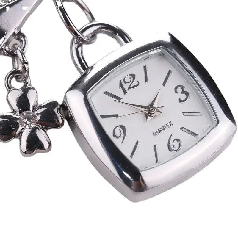 Women Dress Watches with Rhinestone Letters Flower Pendant Chain Bracelet Gift