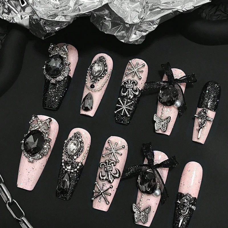 10 Pieces Gothic Black Coffin-Shaped Fake Nails with Black Powder & Diamond Finish