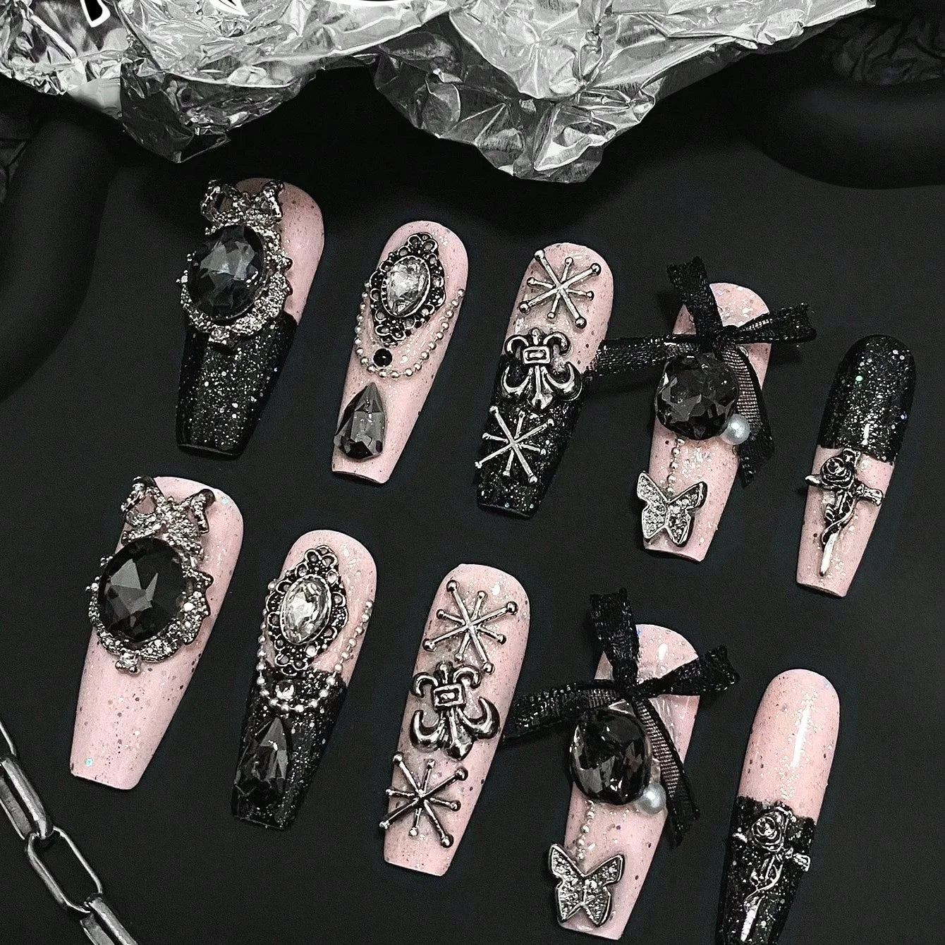 10 Pieces Gothic Black Coffin-Shaped Fake Nails with Black Powder & Diamond Finish