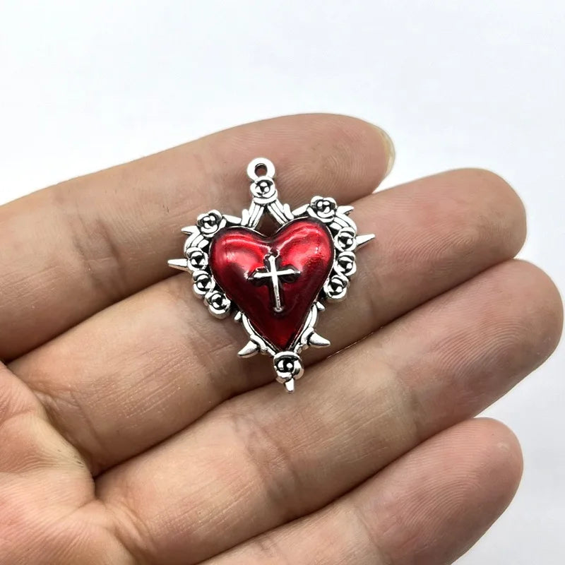 Dark Style Thorn Rose Cross Heart Charms for Jewelry Making - 6pcs Enamel Pendants