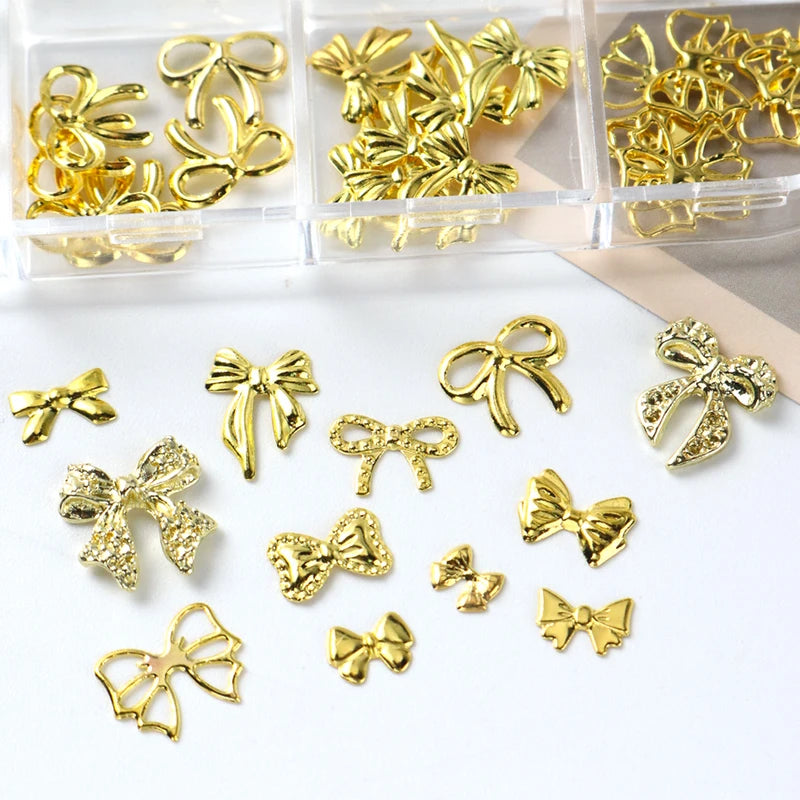 Golden Bow Nail Art Charms Set - 12 Alloy Nail Jewelry Decorations