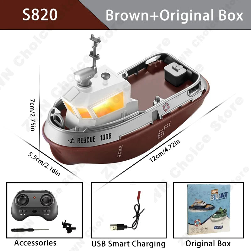 Remote Control Water Tugboat Toy with Lights - 1/32 Scale, Dual Motor, Long Range