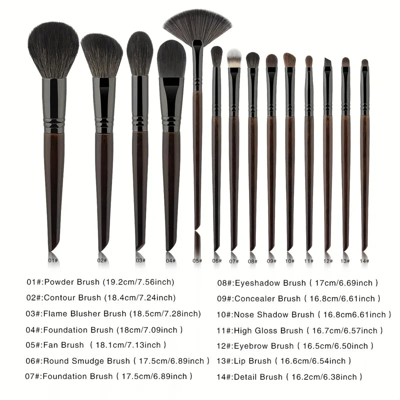 14-Piece Makeup Brush Set with Natural Hair - Professional Cosmetic Tools
