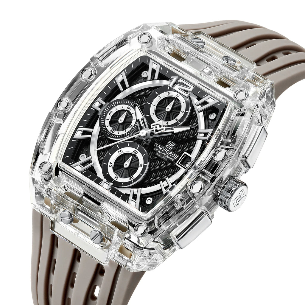 Men's Quartz Sports Watch with Silicone Strap Military Marine Chronograph - Black