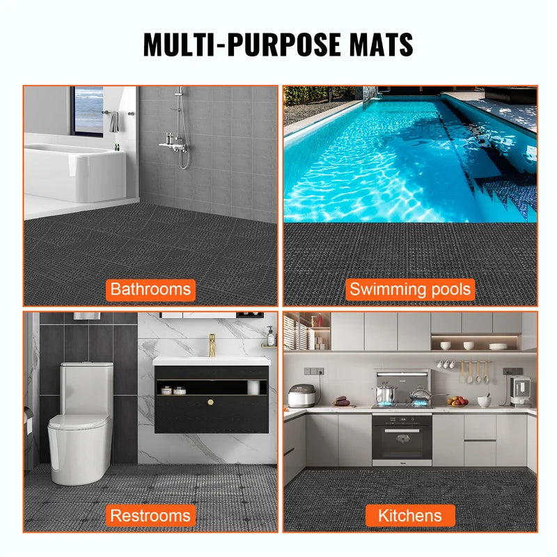 Interlocking PVC Drainage Floor Tiles 12x12 Inch Non-Slip Pool Bathroom Mat - Multiple Colors