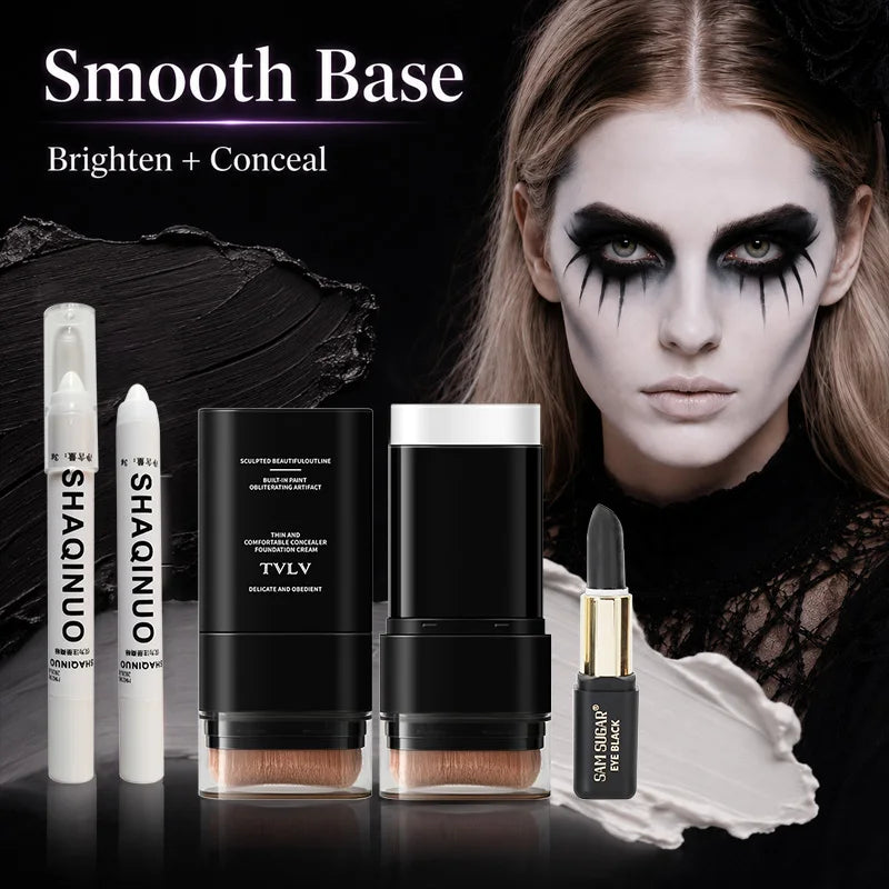 Halloween Gothic Makeup Set with White Foundation, Black Face Paint & Highlighter