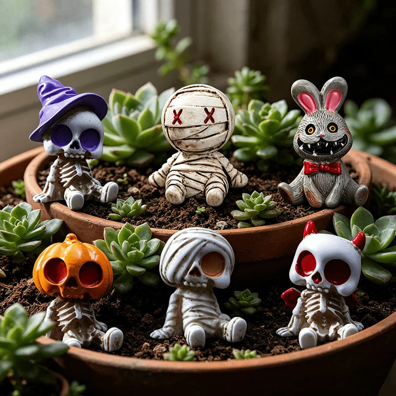 Halloween Resin Skeleton Mummy Figurines Set for DIY Miniature Decor - 6 Pieces