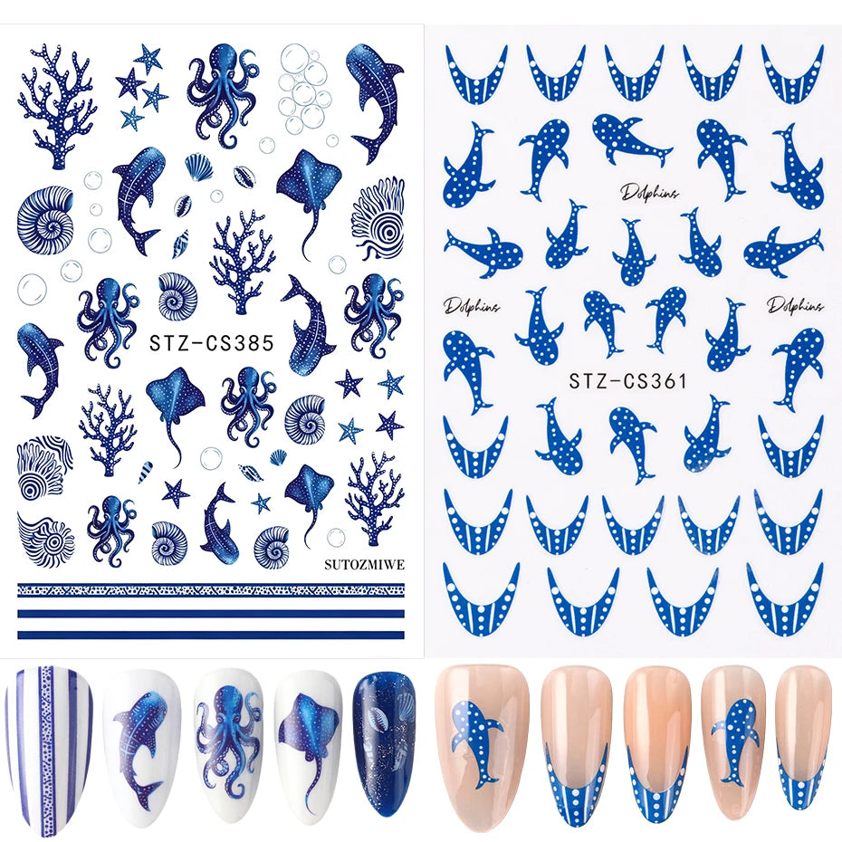 Ocean Nail Art Stickers Set - Whale Octopus Seashells Summer Manicure Decorations