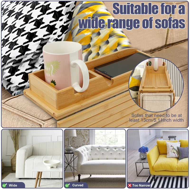Foldable Bamboo Couch Cup Holder Tray for Sofa Armrest - Non-Slip Sofa Side Storage
