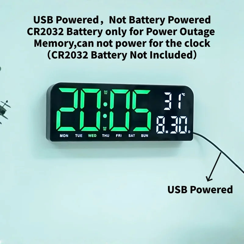 Digital Wall Clock with Temperature Date Week Countdown Alarm 12/24H Auto Dimmable USB Powered