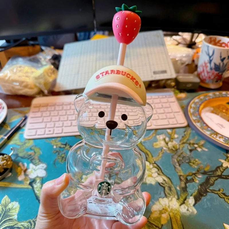591ml Glass Water Tumbler with Strawberry Decor and Baseball Cap Lid