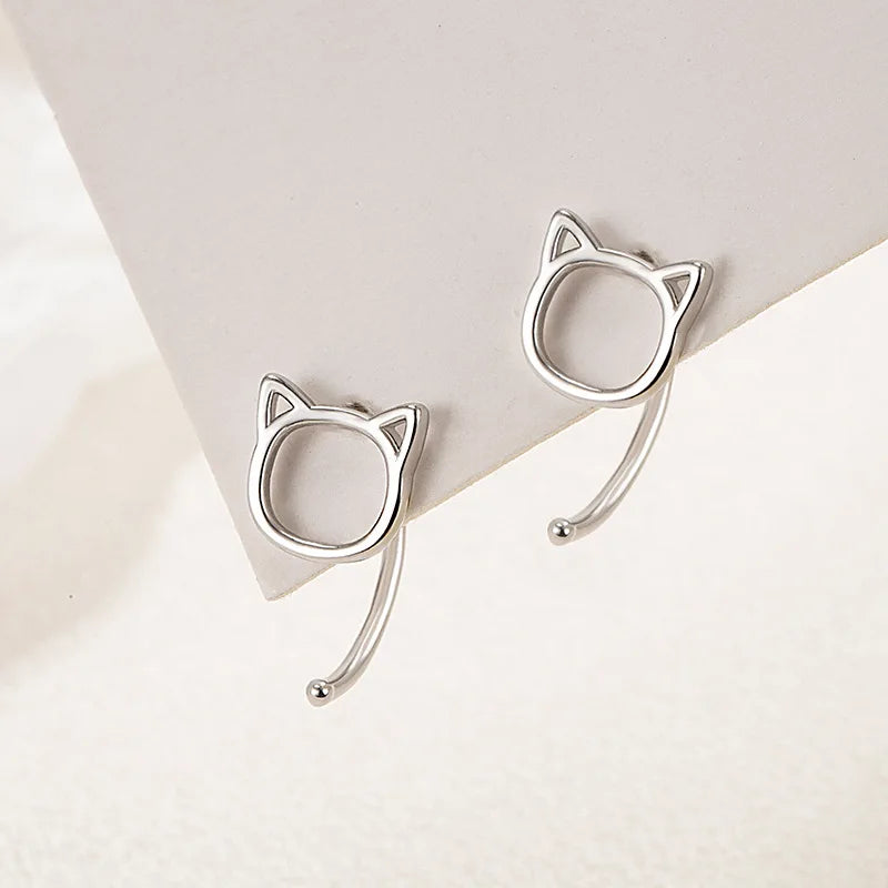 Cute Cat Stud Earrings for Women Girls Silver Color Hypoallergenic Jewelry