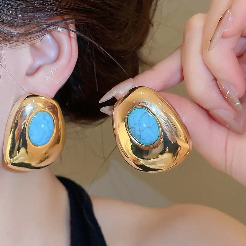 Oversized Turquoise Ear Studs - Gold Color Oval Earrings for Women