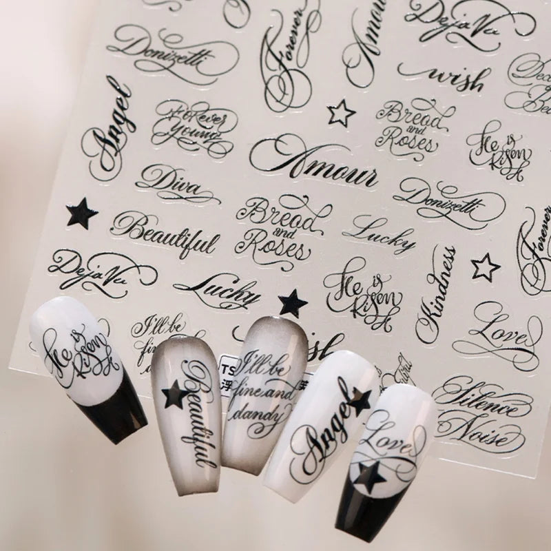 Retro Cursive Letter Nail Decals Set - 5D Vintage Nail Art Stickers for Manicure