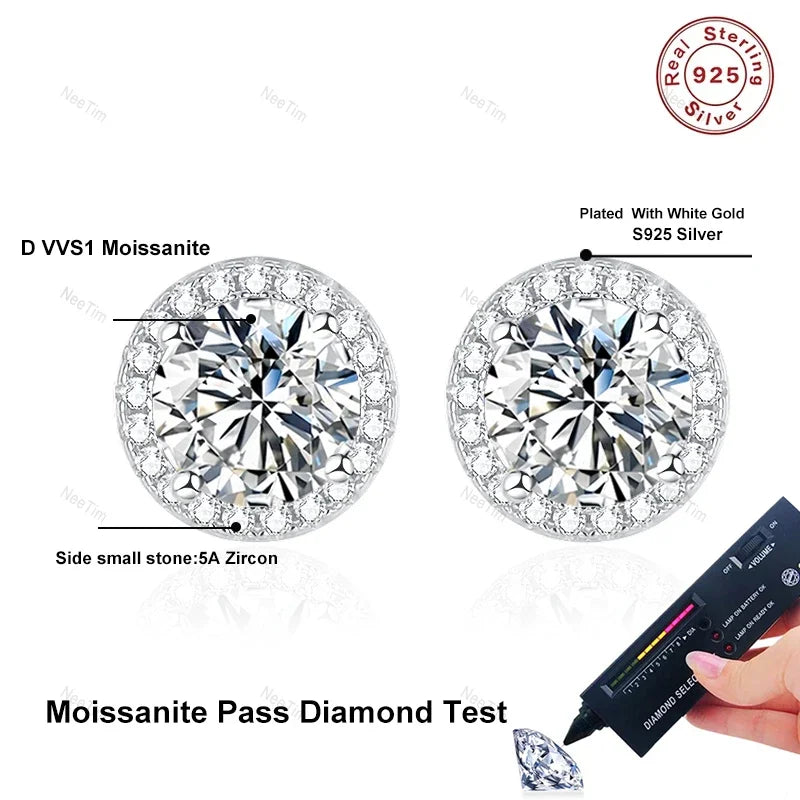 Moissanite Stud Earrings for Women Sterling Silver 0.5-2CT Wedding Jewelry