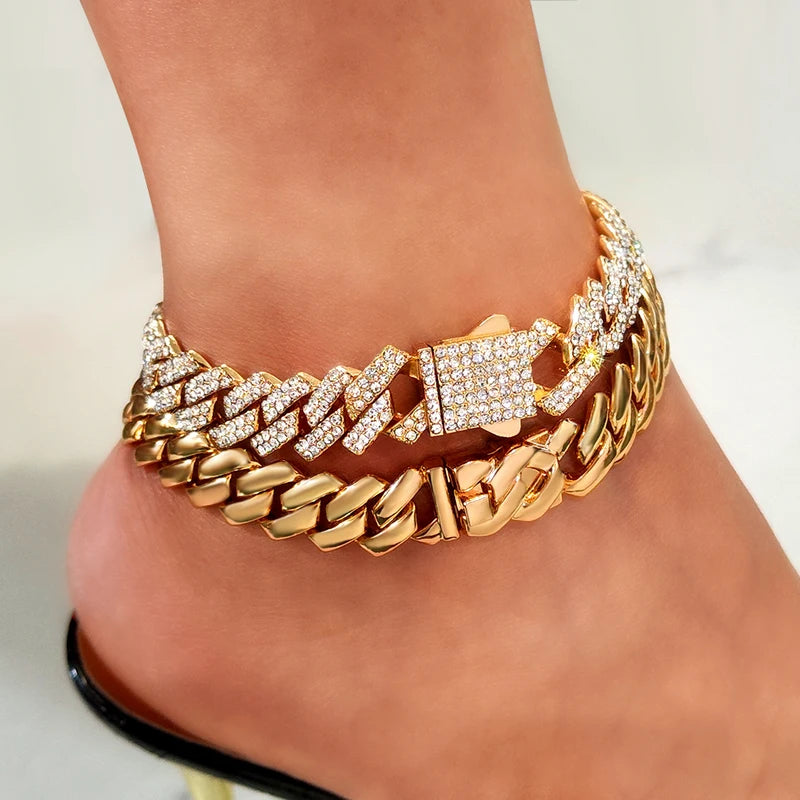 Golden Cuban Chain Anklet for Women Girls Beach Jewelry Hip Hop Rhinestone Paved