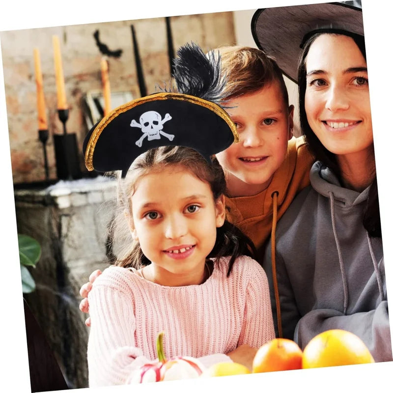 Pirate Hat Headband with Skull Crossbones & Black Feather Halloween Costume Accessory