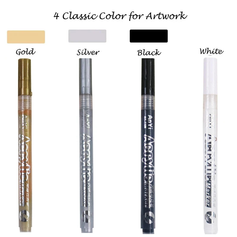 3-Piece Acrylic Paint Markers Set - Black, White, Gold & Silver for Arts and Crafts