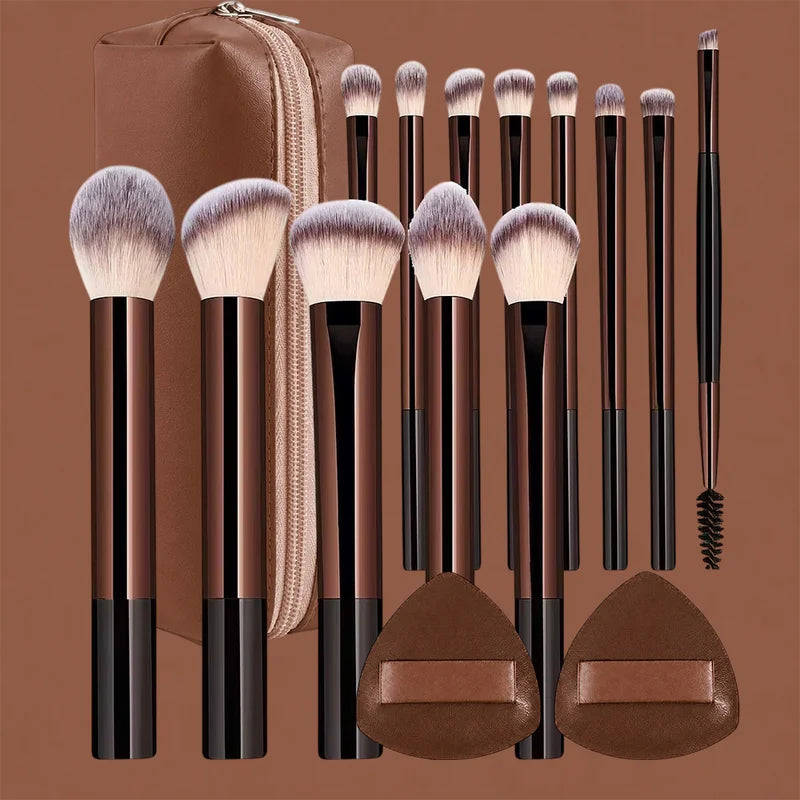 16-Piece Professional Makeup Brush Set with Bag and Puffs - Nylon Bristles, Metal Frame