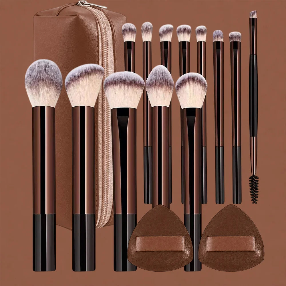 16-Piece Professional Makeup Brush Set with Bag and Puffs - Nylon Bristles, Metal Frame