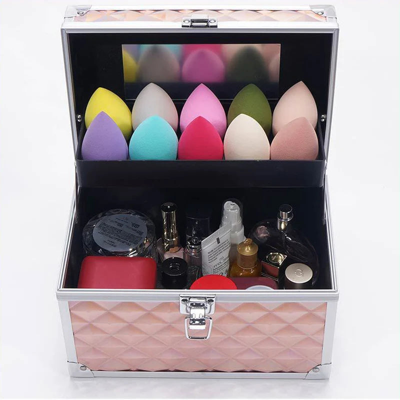 Diamond Patterned Makeup Train Case with Mirror - Double Layer Cosmetic Organizer for Sponges and Skincare