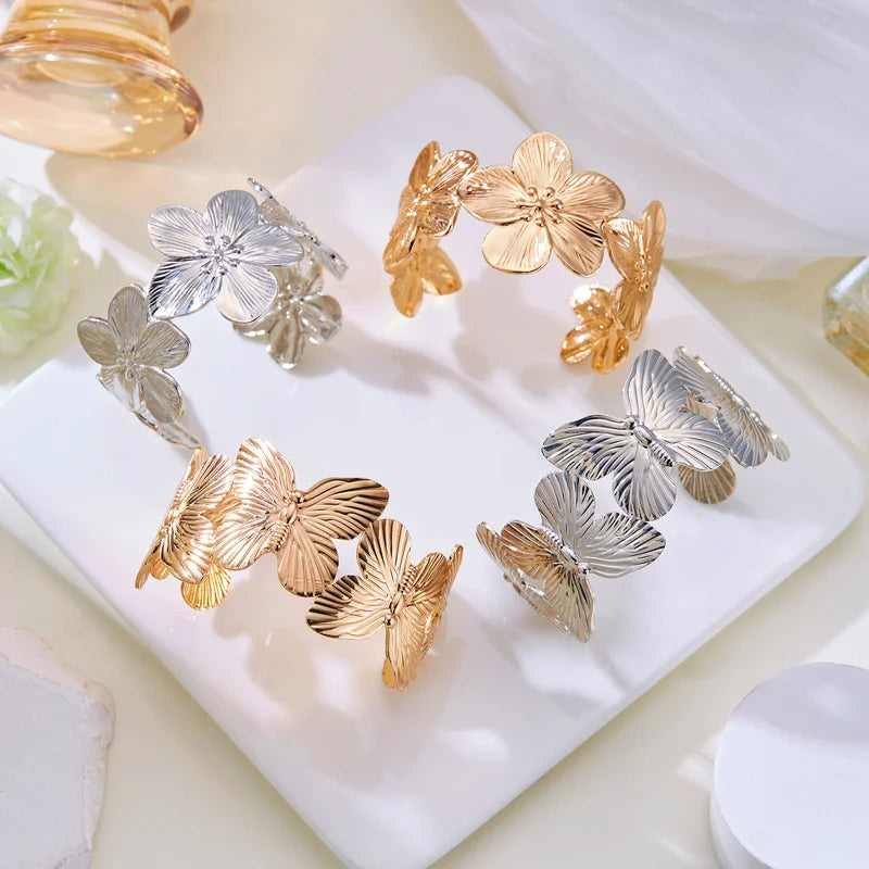 Adjustable Hollow Flower Butterfly Cuff Bracelet for Women - Gold Plated Jewelry