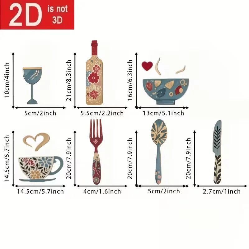 7-Piece Wooden Wall Decor Set with Fork, Cup & Wine Glass Patterns for Kitchen