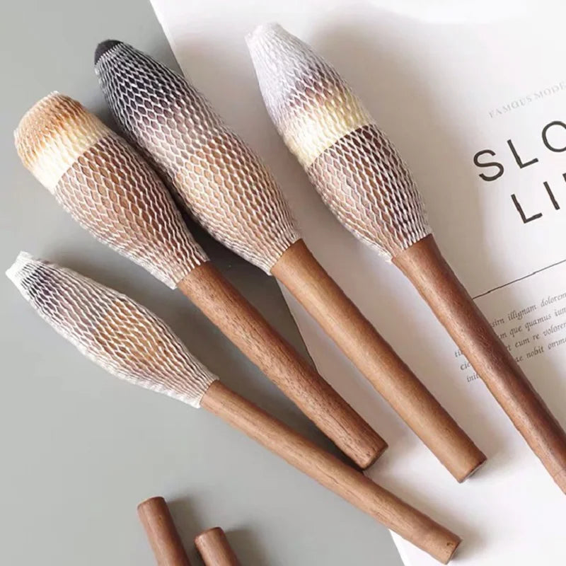 6Pcs Vintage Wood Handle Makeup Brush Set - Soft Powder, Foundation & Contour Tools