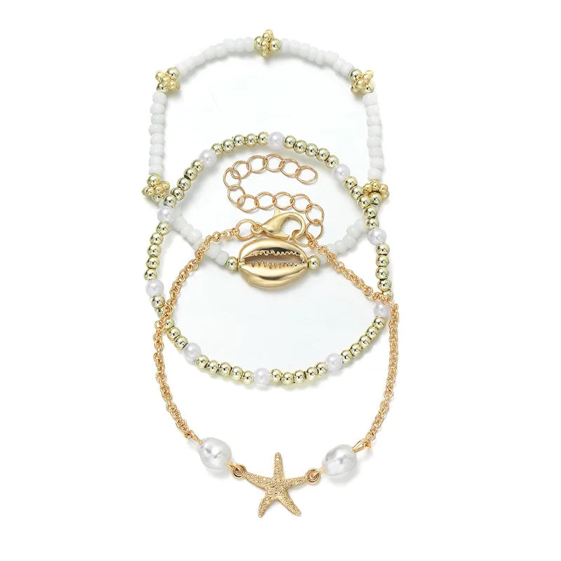 Summer Shell Bracelet Set for Women Boho Starfish Pearl Beads Chain Jewelry Gift