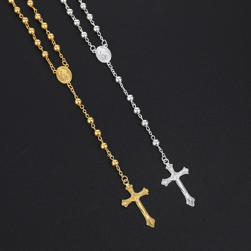 Gold Color Rosary Necklace for Men & Women Long Beads Chain Cross Pendant Religious Jewelry Gift