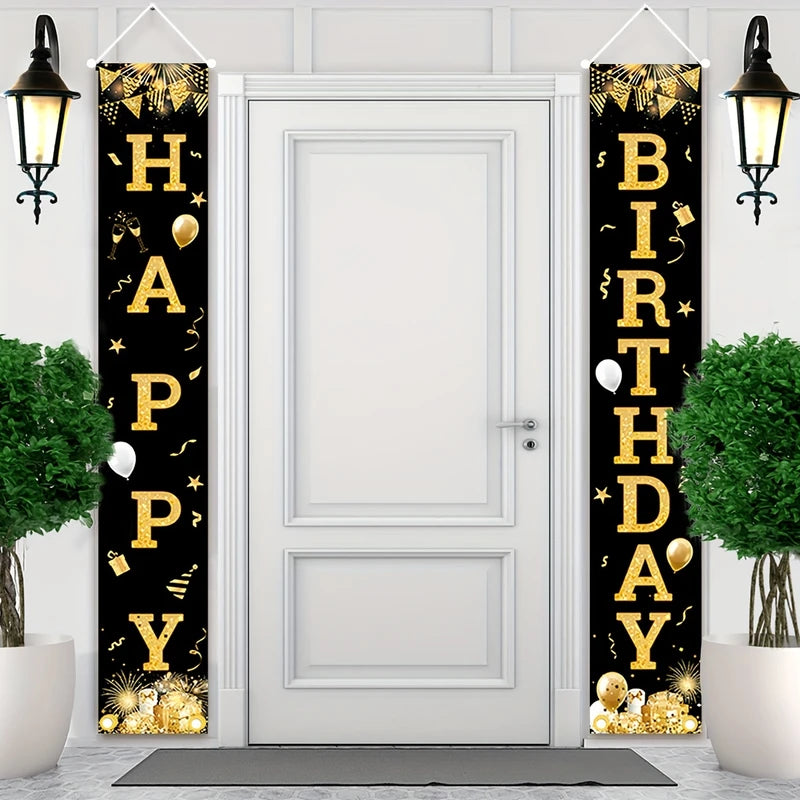 Outdoor Happy Birthday Banner Set - Black & Gold Wall Door Porch Decoration