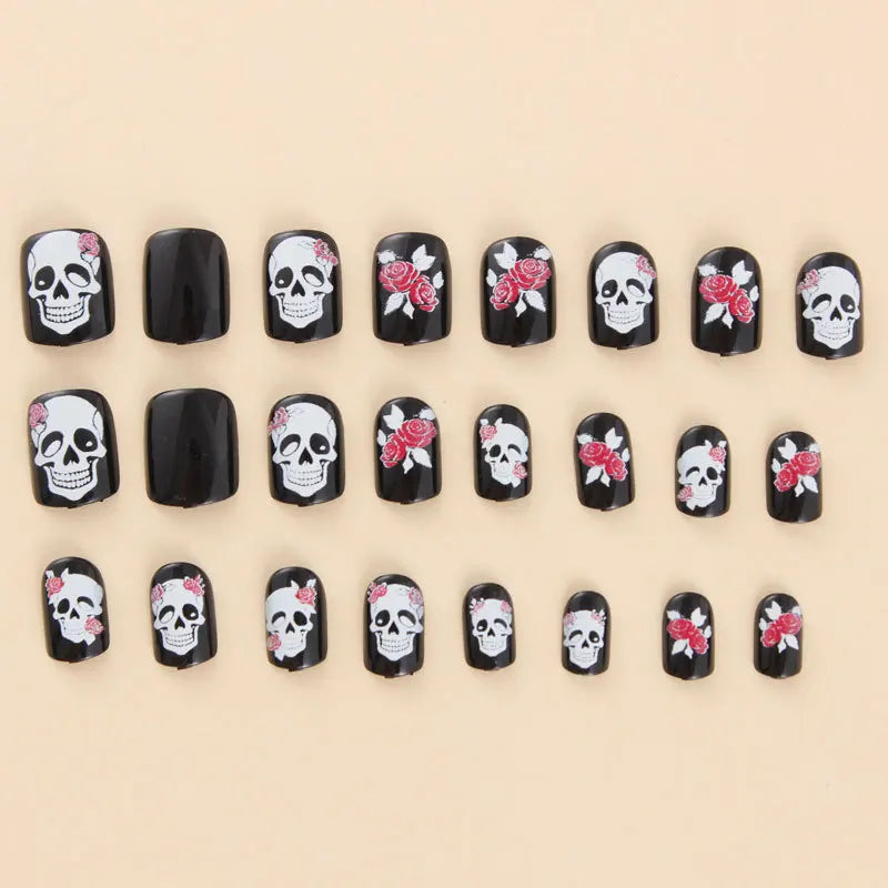 24Pcs Halloween Black Red Rose Square Press-On Nails with Skull Design - Reusable Fake Nails
