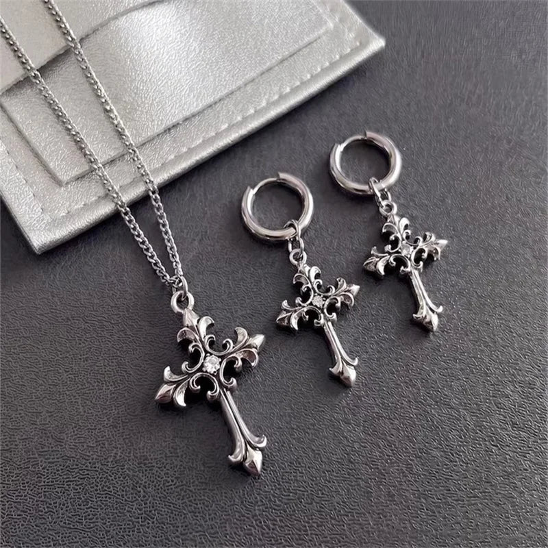 Stainless Steel Cross Pendant Necklace Gothic Y2K Silver Jewelry