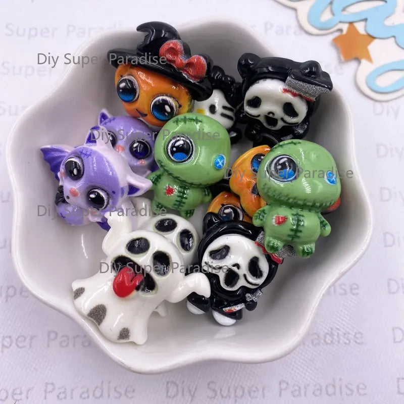 10PCS Colorful Resin Halloween Figurines Set - Spider, Bat, Pumpkin, Ghost & More