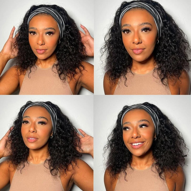 Headband Wig Human Hair Kinky Curly Full Machine Made 180% Density - No Glue