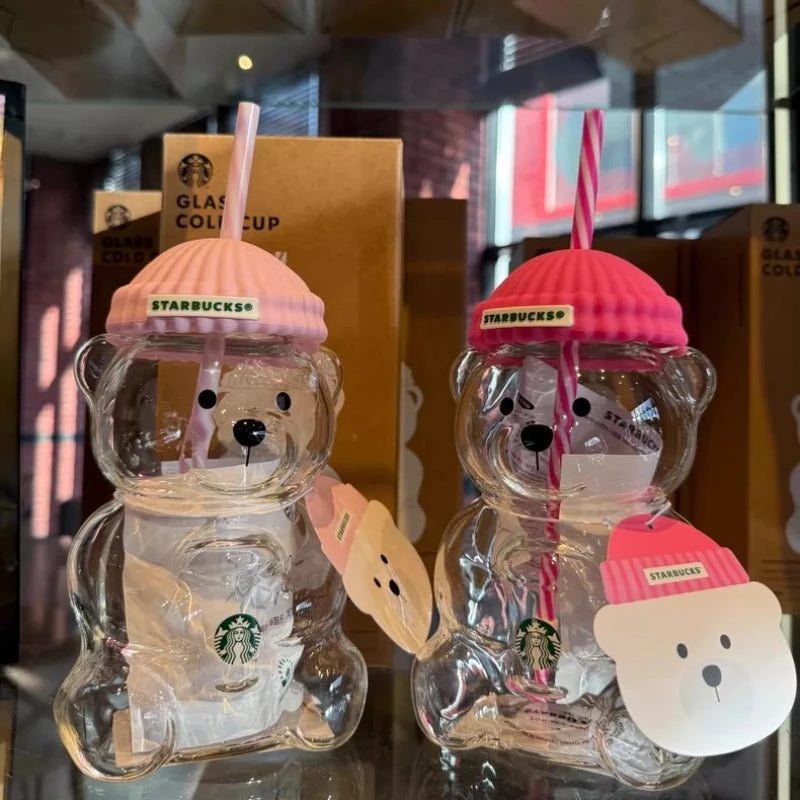 Clear Bear-Shaped Tumbler with Pink Beanie Lid & Striped Straw – 591ml Drinkware